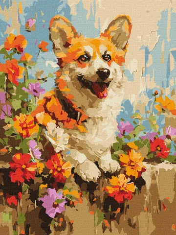 Malowanie po numerach - Corgi w kwiatach ©art.solomiia