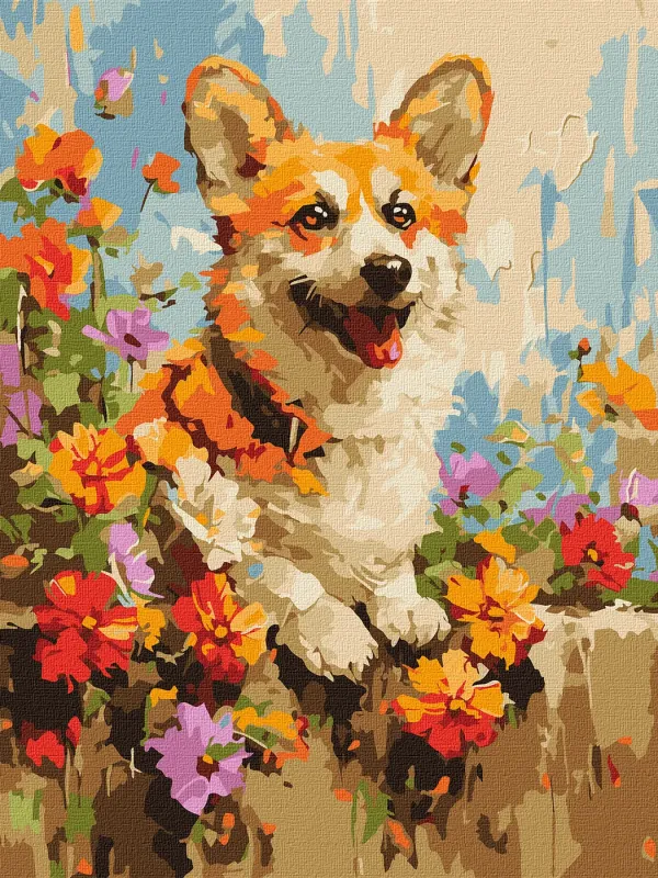 Malowanie po numerach - Corgi w kwiatach ©art.solomiia