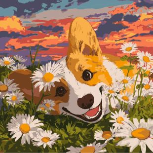 Malowanie po numerach - Corgi w stokrotkach ©art_selena_ua