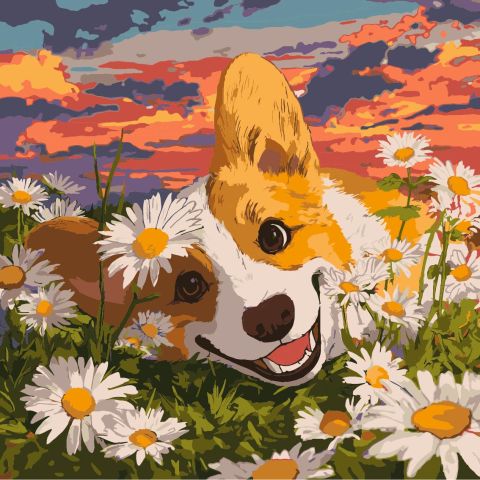 Malowanie po numerach - Corgi w stokrotkach ©art_selena_ua