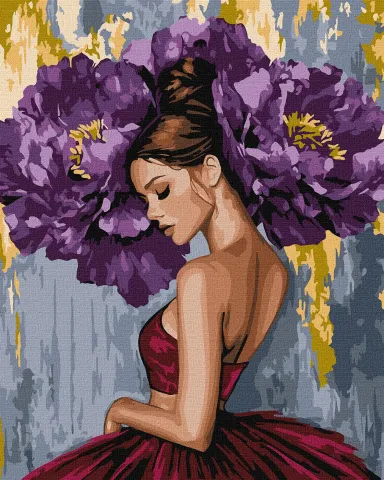 Malowanie po numerach - Baletnica z purpurowymi piwoniami z metalicznymi farbami ©art_selena_ua